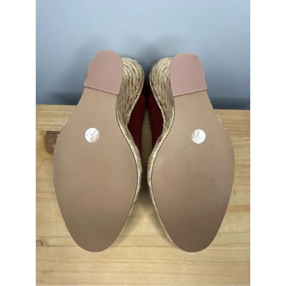 Tory Burch‎ Women's High Heels Wedge Espadrilles Pompoms Satin Merlot Shoes 5.5